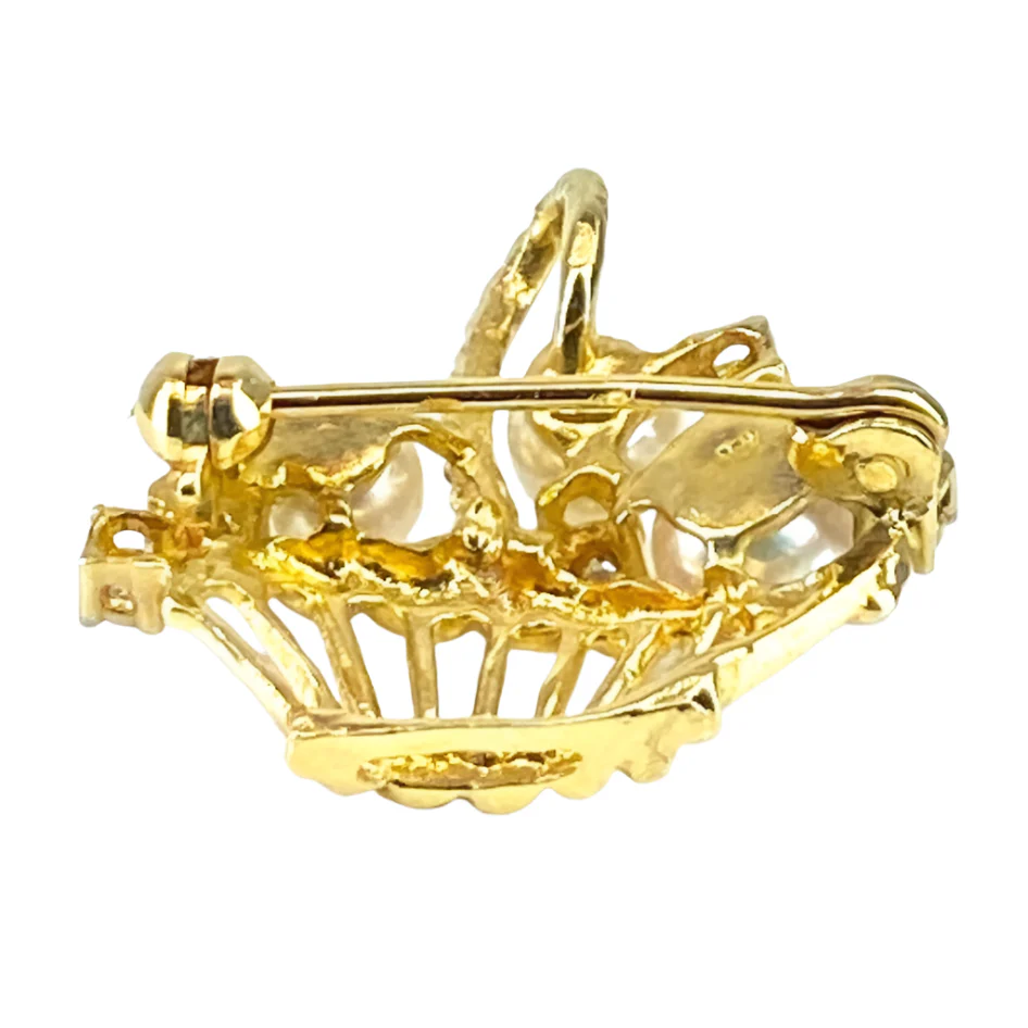 Brooch basket in yellow gold 18 carats, 3 pearls and 5 diamonds - Image 4