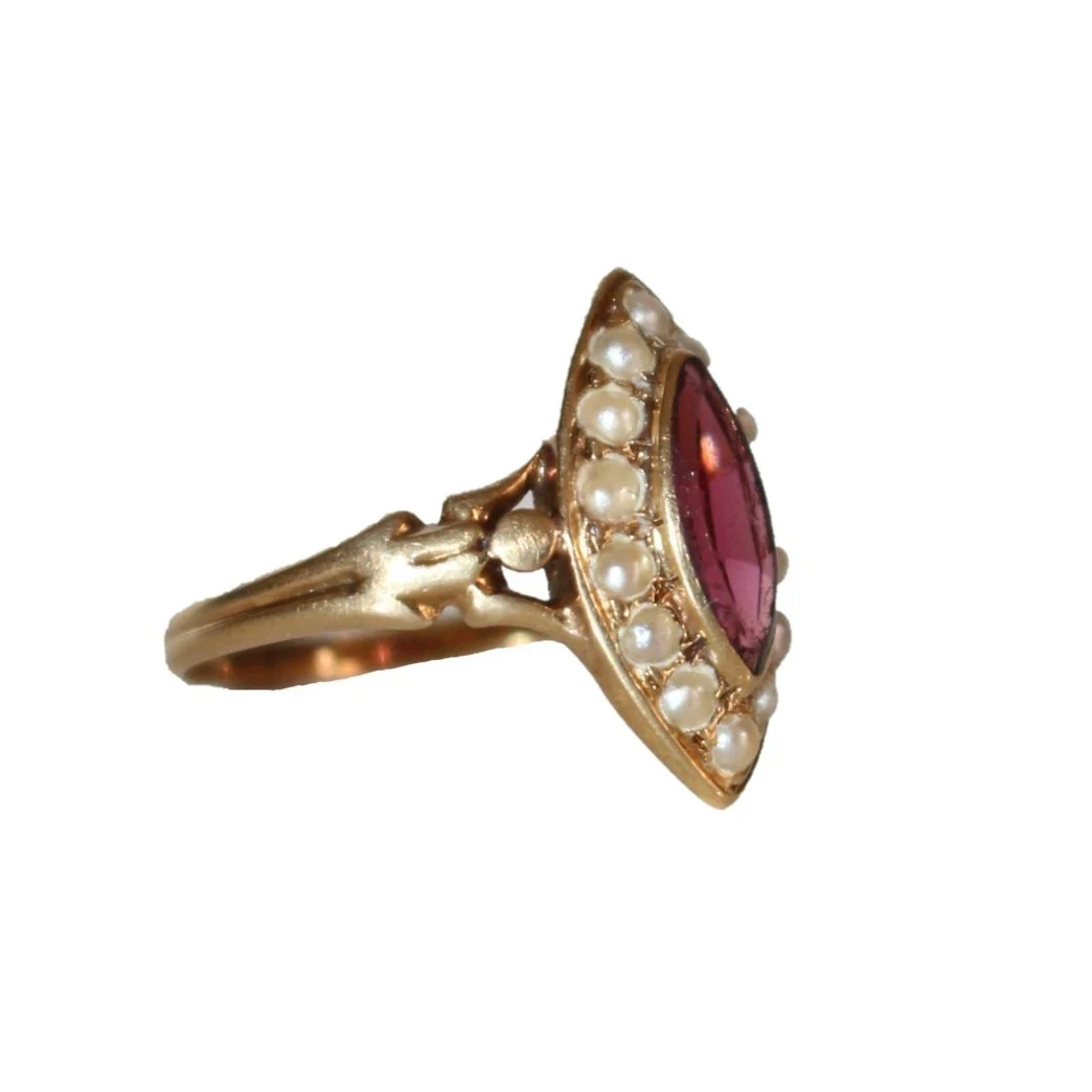 Marquise Napoleon III ring in yellow gold, garnet and pearls - Image 3