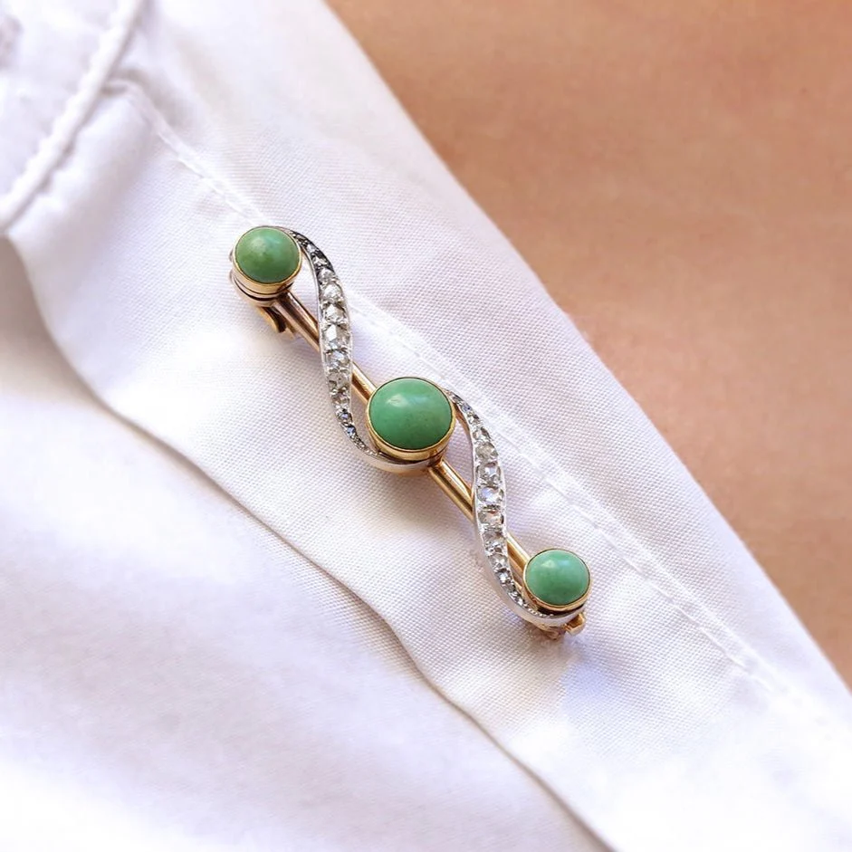 Brooch/Barrette in yellow gold, platinum, turquoise and diamonds - Image 2