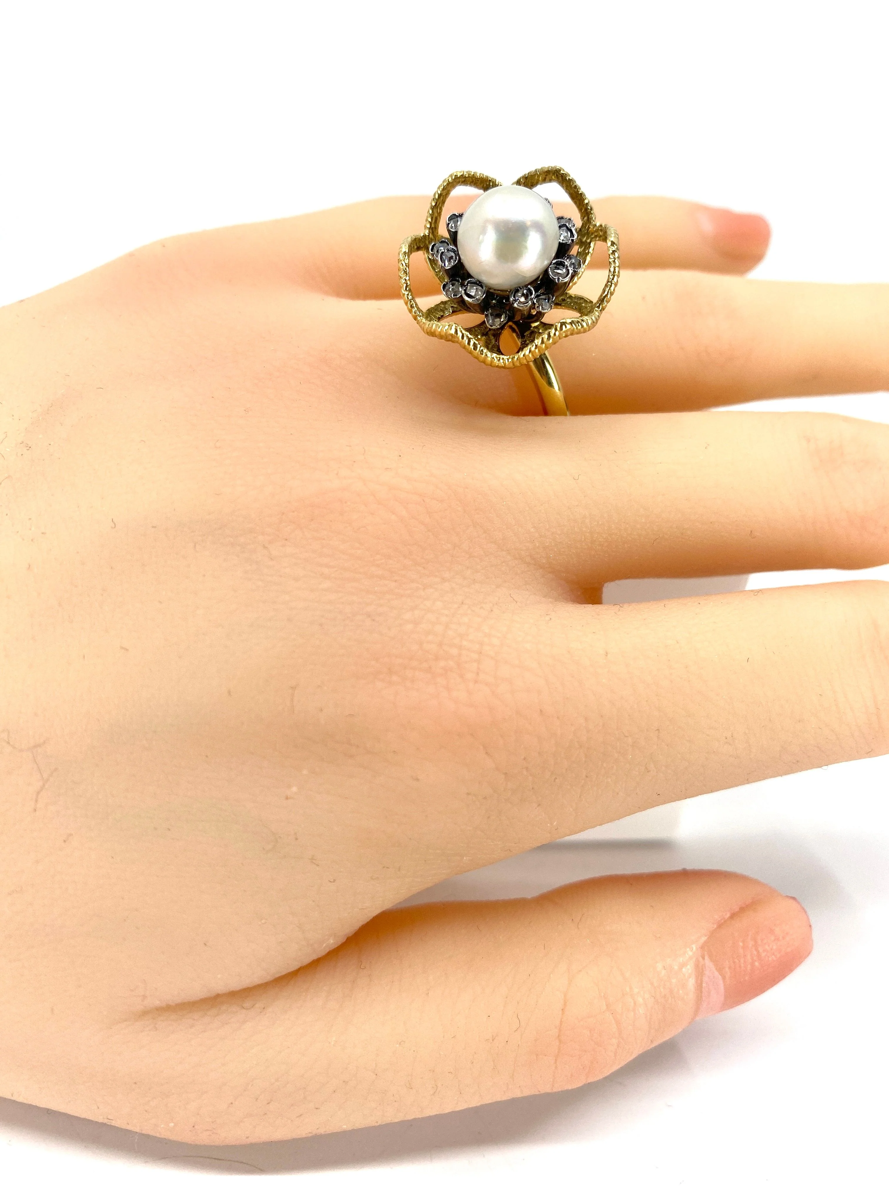 18 carat yellow gold and silver ring, fine pearl and diamonds - Image 6
