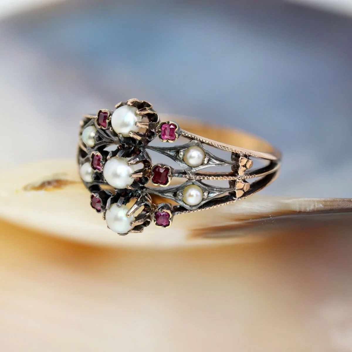 Ring antique 3 rings in rose gold and silver with fine pearls and rubies - Image 7