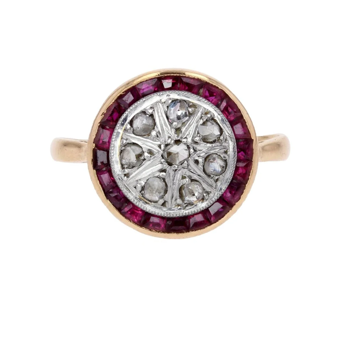 Entourage ring in yellow gold, rubies and diamonds