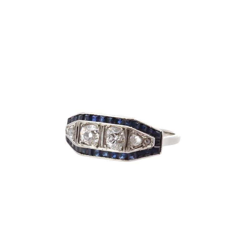 Art Deco ring in white gold, platinum, sapphires and diamonds - Image 5