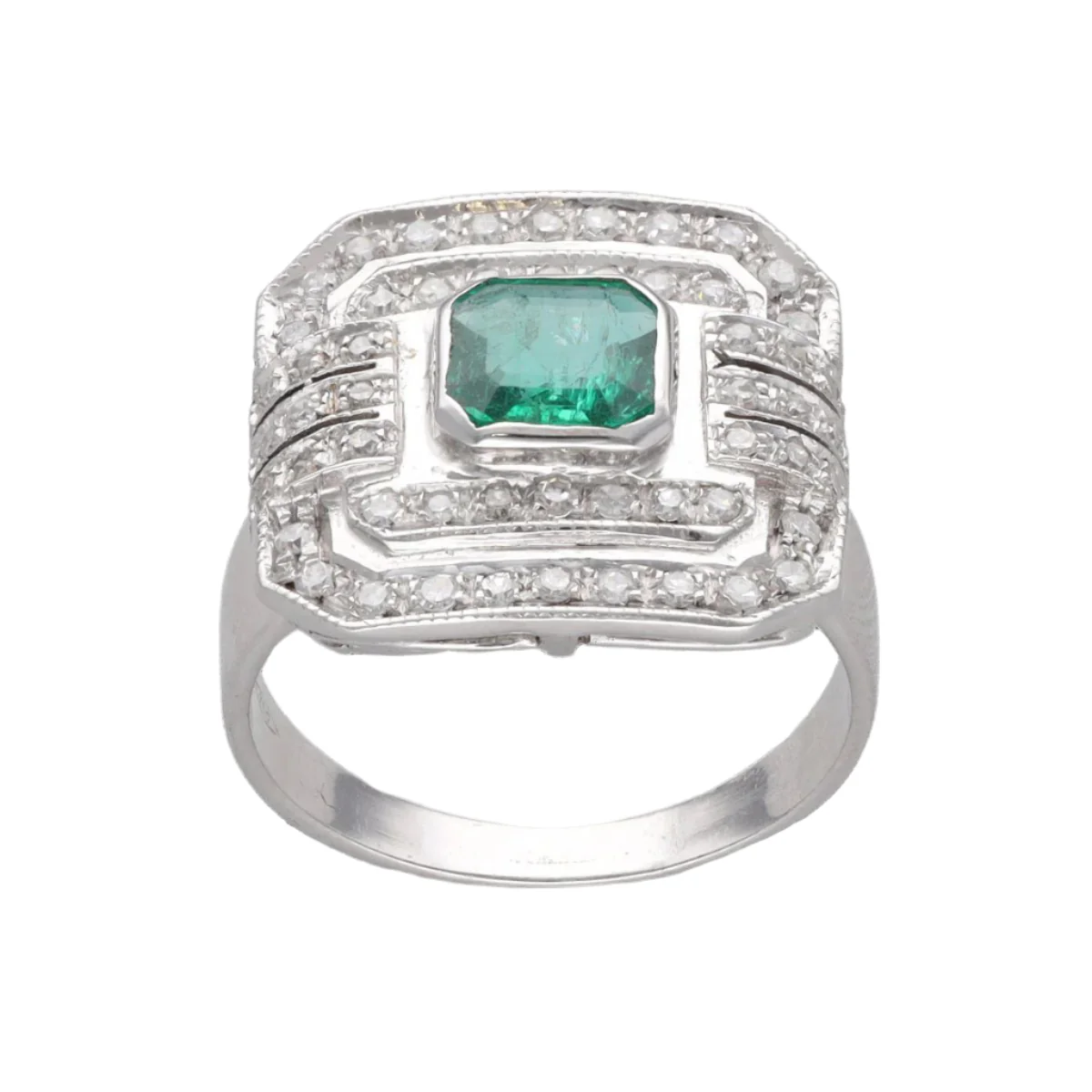 Ring in 18k white gold with emerald and diamonds antique cut circa 1970. Size 56. - Image 5