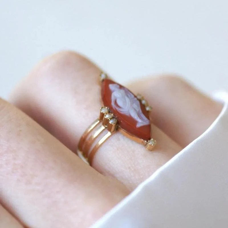 Ring Marquise en rose gold, pearls and agate - Image 2