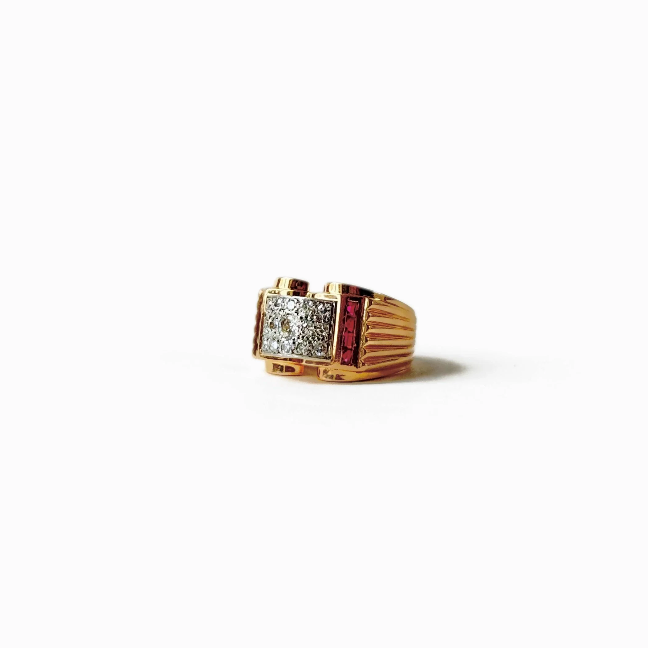 Ring roll in yellow gold and paltinium with diamonds and synthetic rubies - Image 3