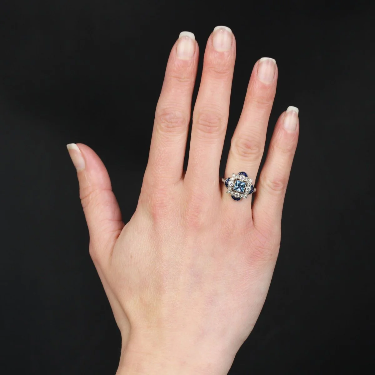 Daisy ring in white gold, aquamarine, sapphires and diamonds - Image 2