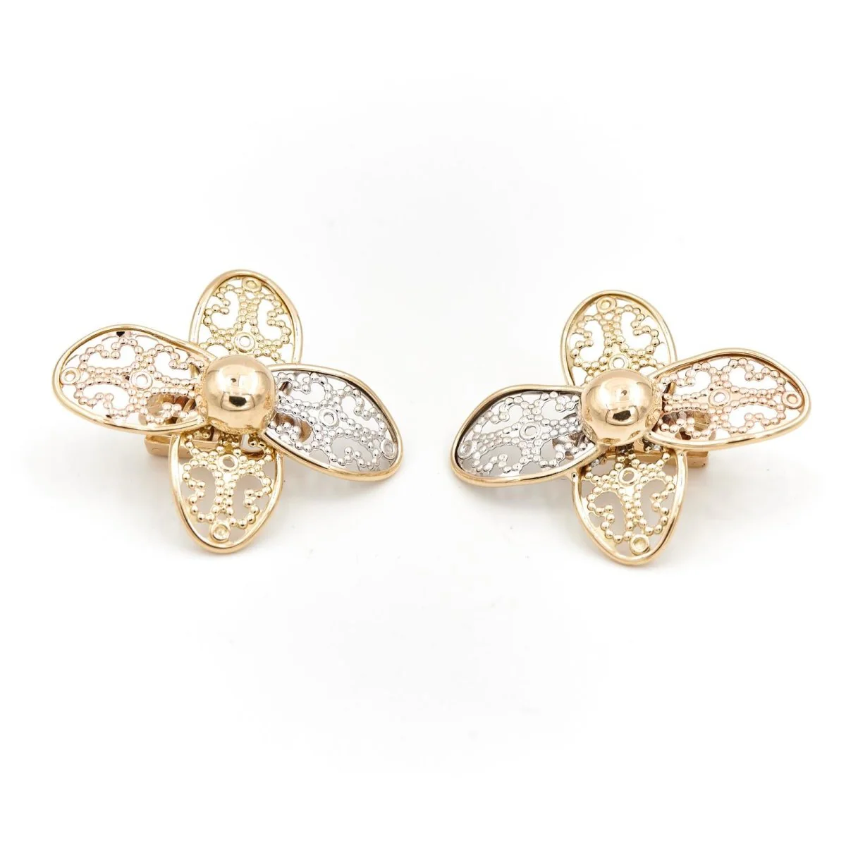 Filigree flower clip earrings in 3 golds - Image 3