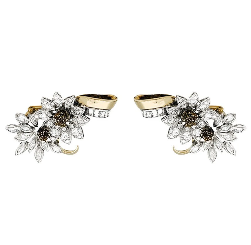Earrings, "Edelweiss", in yellow gold, platinum and diamonds - Image 8
