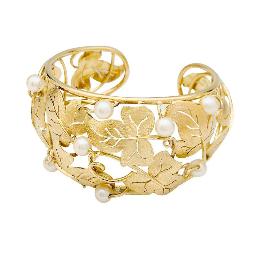 Ivy leaf bracelet in yellow gold and pearls - Image 3
