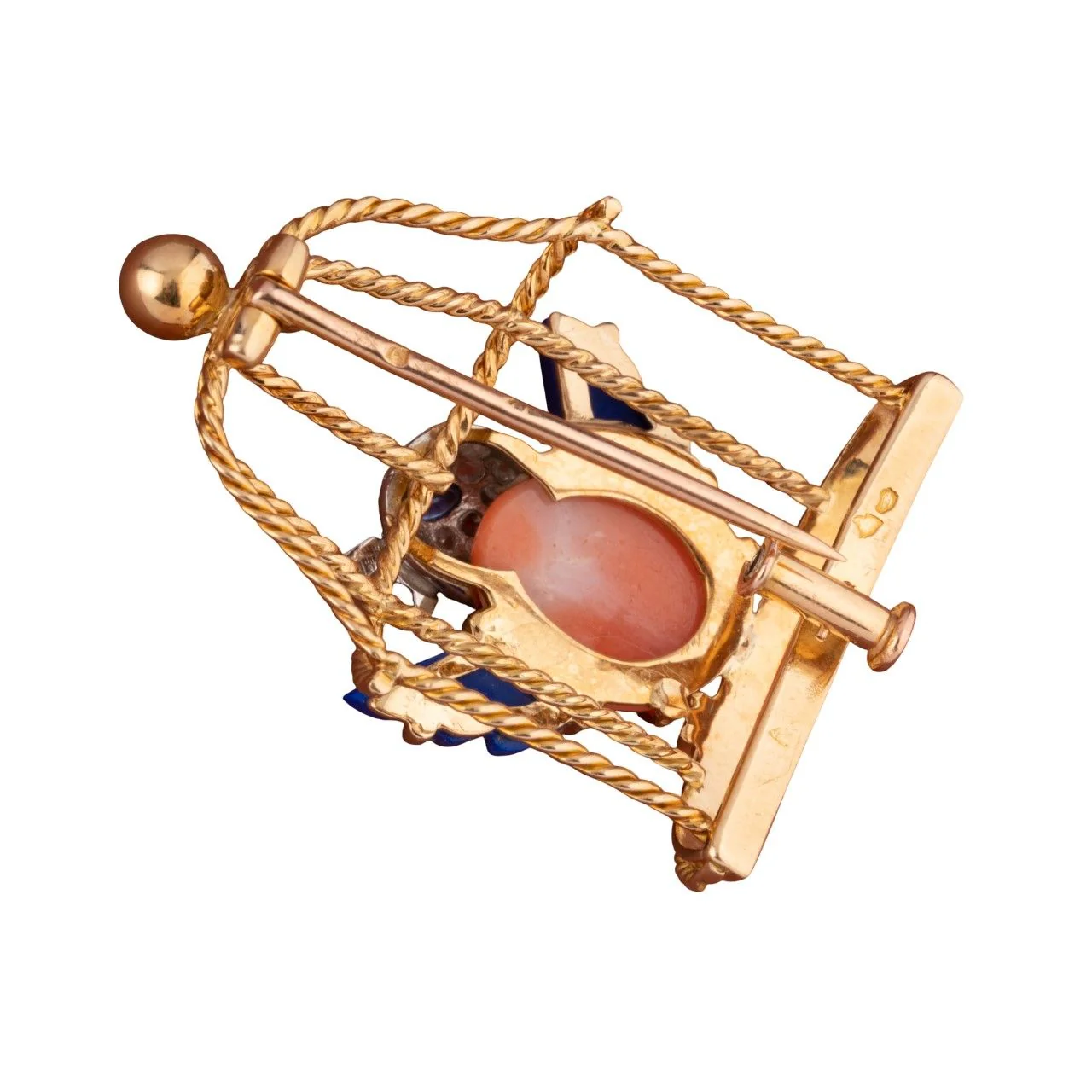 "Free bird” pin brooch in yellow gold, platinum, coral, lapis lazuli, sapphire and diamonds - Image 2