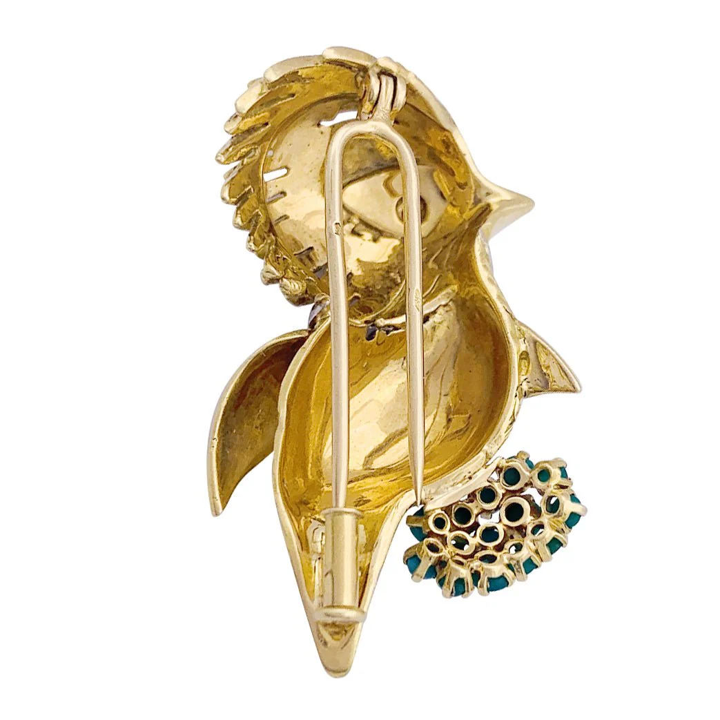 Bird brooch in yellow gold, rubies, turquoise and diamonds - Image 3