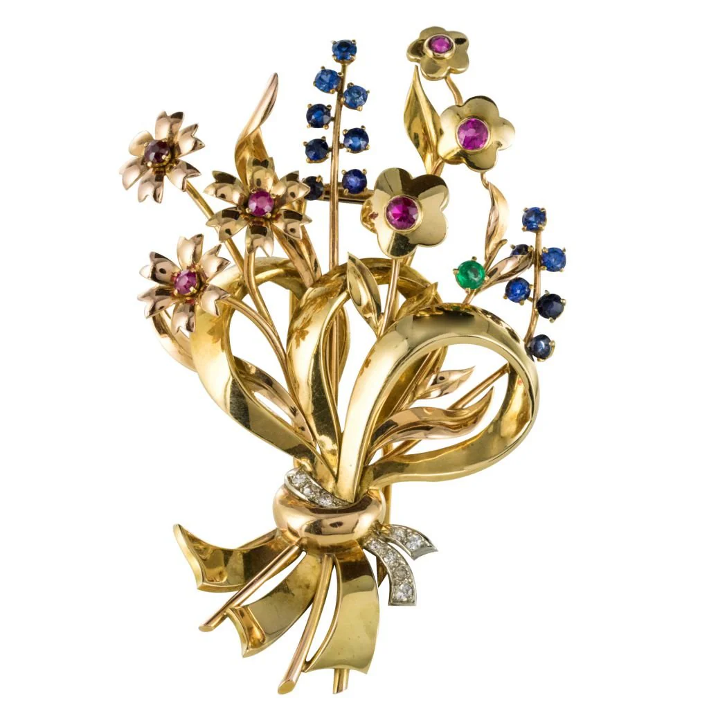 Brooch Pin in yellow gold, rubies, sapphires and emeralds