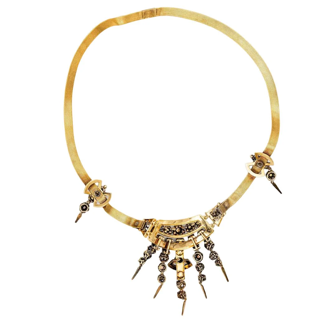 Necklace with 19th century tassels in yellow gold, silver, black enamel and diamonds. - Image 6