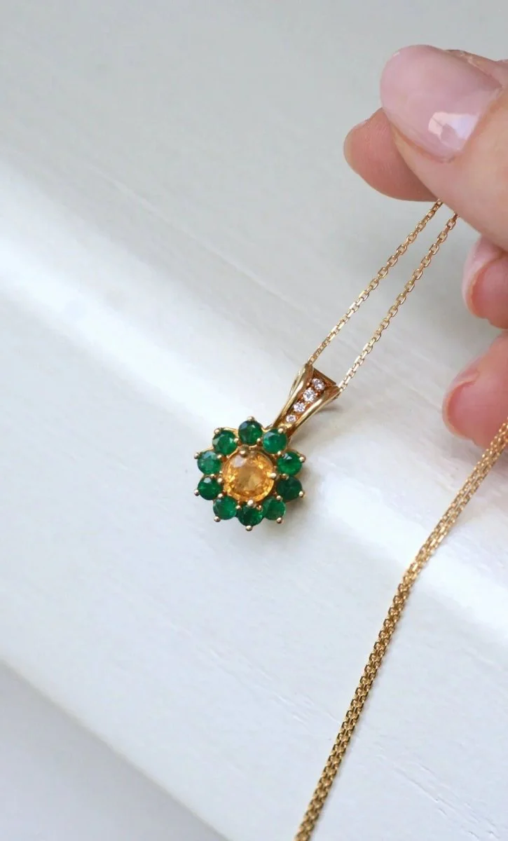 Yellow Sapphire and Emerald Daisy Pendant Necklace - Image 7