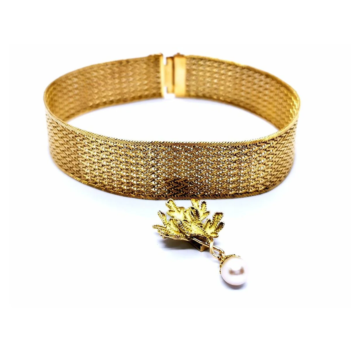 Imposing choker necklace in yellow gold and pearl - Image 3