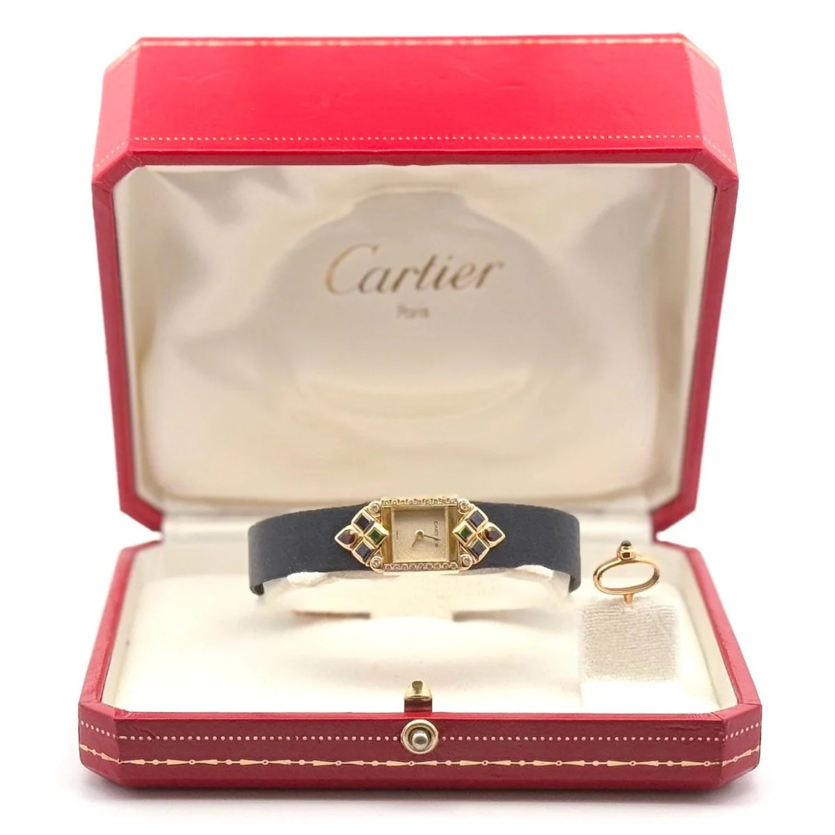 Watch CARTIER "St Petersburg" quartz in gold, leather, fabric and sapphires, emeralds, rubies and diamonds - Image 2