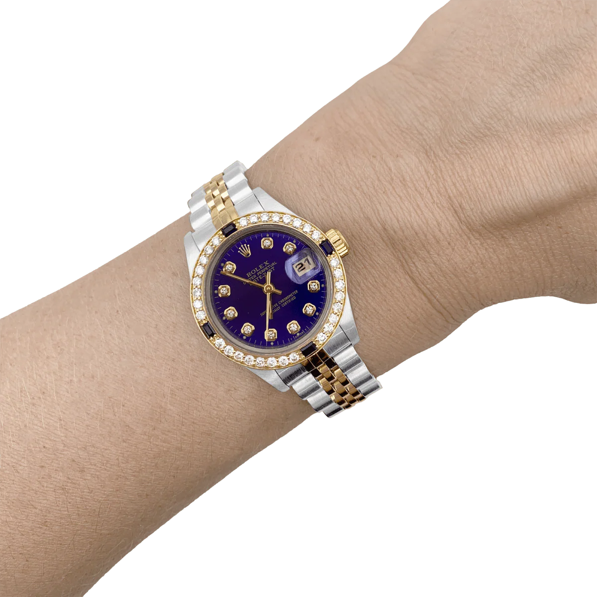 ROLEX "Oyster Perpetual DateJust" watch in yellow gold, steel, sapphires and diamonds - Image 2